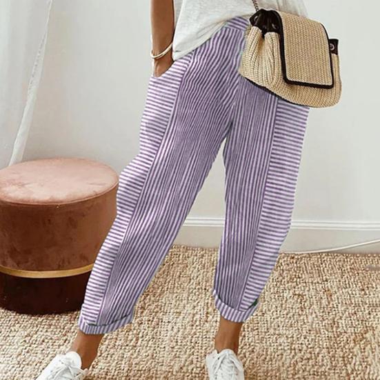 Women Casual Pants Elastic Waist Mid-rise Summer Jacquard Long Pants with Pockets Striped Print Loose Fit Trousers