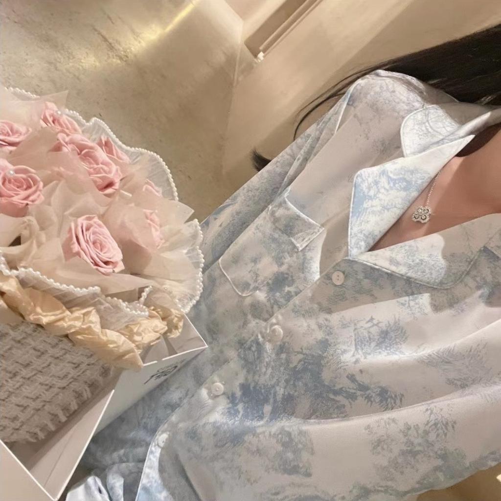 Весенние новые кардиганы с пуговицами на лацканах, комплекты для отдыха для женщин, 2 предмета, пижамы из ледяного шелка для женщин, модная одежда для сна с принтом для женщин