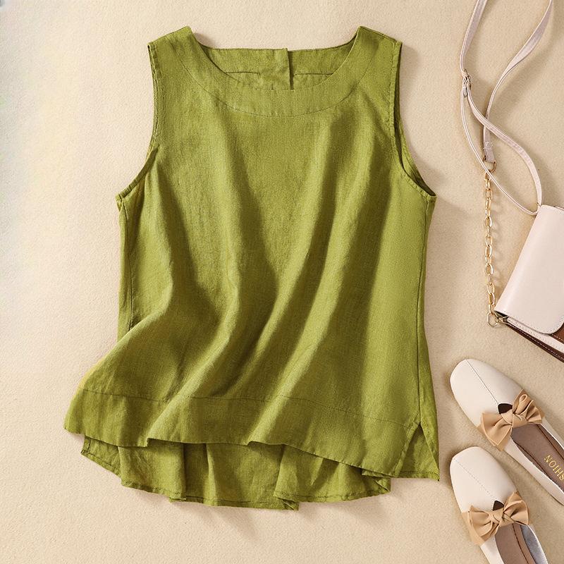 Футболка без рукавов Summer Literature однотонная из хлопка и льна с круглым вырезом для женщин, топ с жилетом