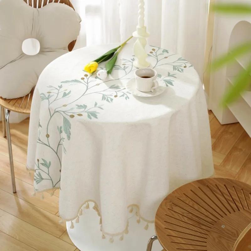 Round Tassel Embroidery Tablecloth Heavy Weight Cotton Linen Fabric Table Cover Kitchen Dining Restaurant Banquet Tabletop Decor