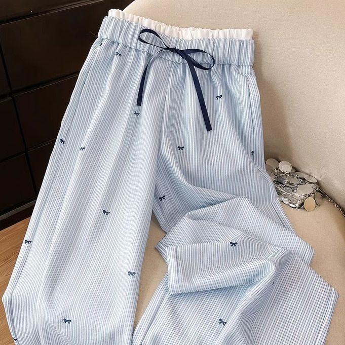 Корейский стиль синие кружевные полосатые широкие брюки женские весна-лето прямые повседневные длинные брюки
