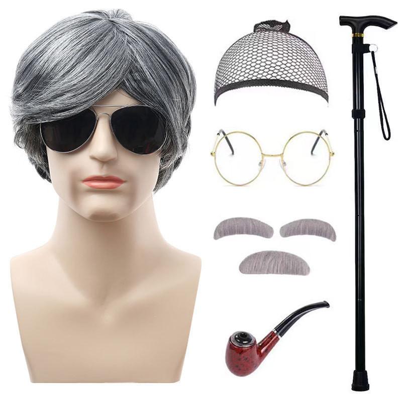 Аутентичный костюм дедушки с серым париком, аксессуарами для бороды и тростью для праздничных торжеств