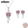 WOSTU Стерлингового серебра 925 пробы, ослепительные розовые циркониевые серьги в форме сердца и ожерелье с подвеской для женщин, комплект ювелирных украшений, свадебный подарок