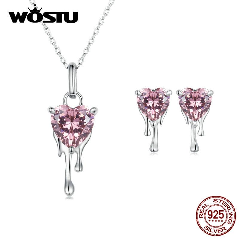 WOSTU Стерлингового серебра 925 пробы, ослепительные розовые циркониевые серьги в форме сердца и ожерелье с подвеской для женщин, комплект ювелирных украшений, свадебный подарок