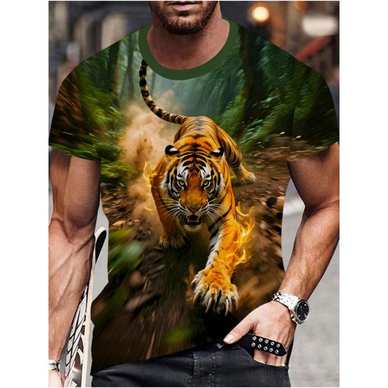 Men's Running Tiger 3D Printed T-Shirt Casual Short Sleeve Crewneck Top Cool Golden Flame Animal Graphic Tee Trendy Summer Jungle Streetwear Clothes