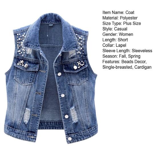 Женский джинсовый жилет без рукавов, свободный лацкан, декор из бисера, однобортный однобортный однотонный винтажный прочный шов в стиле хип-хоп, уличная одежда, женский осенне-весенний жилет