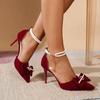 Fashion Elegant Ladies Pearl Ankle Strap Pumps Autumn 2025 Pointed Toe Flock High Heels Shoes Woman Party Wedding Stiletto Heeled Shoes