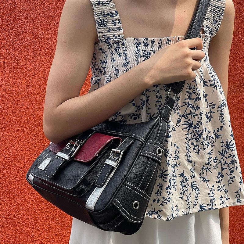Yogodlns Retro Patchwork Shoulder Bag For Women Soft Leather Crossbody Bag Cool Girl Messenger Bag Shopping Purse Handbag