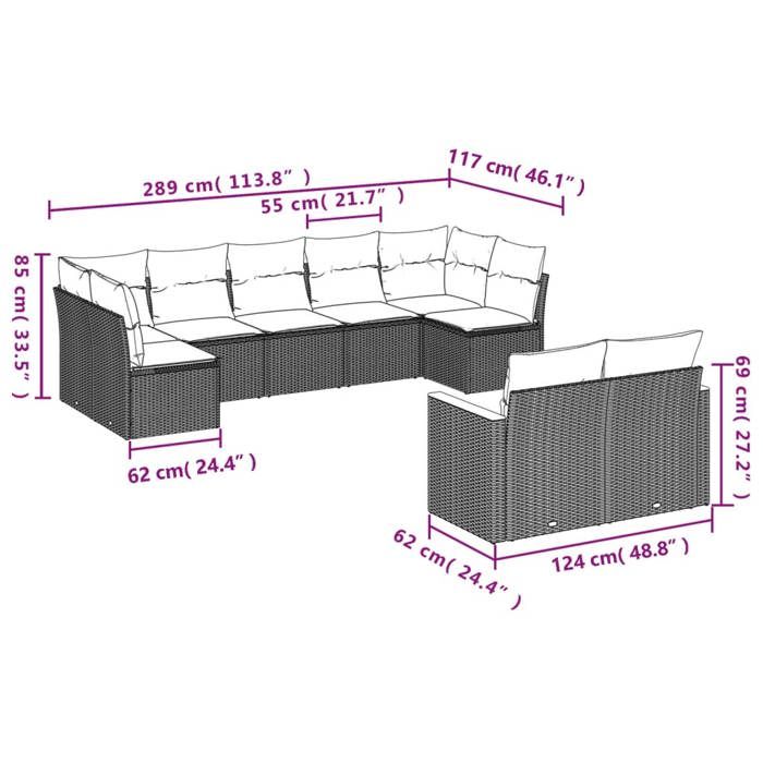 VidaXL Salon de Jardin avec Coussins 9 pcs, Canapés de Terrasse, Ensemble de Meubles de Patio, Mobilier d'Extérieur, Noir 3258688