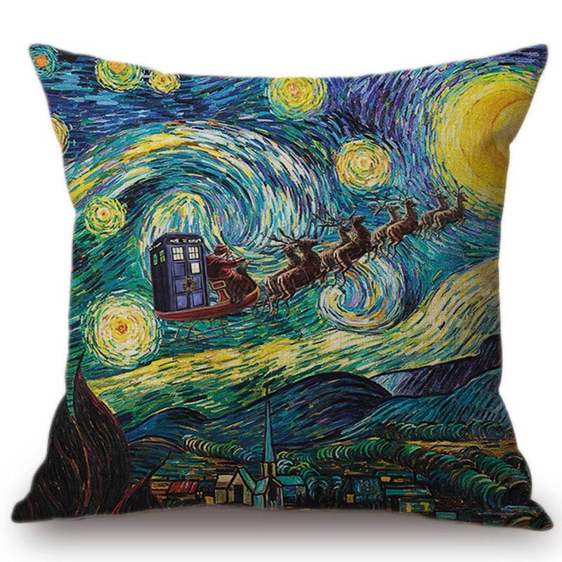 Van Gogh Starry Night Oil Painting Funny Art Castle Witch Home Decor Pillow Cover Tardis Peter Pan Creative Linen Cushion Cover
