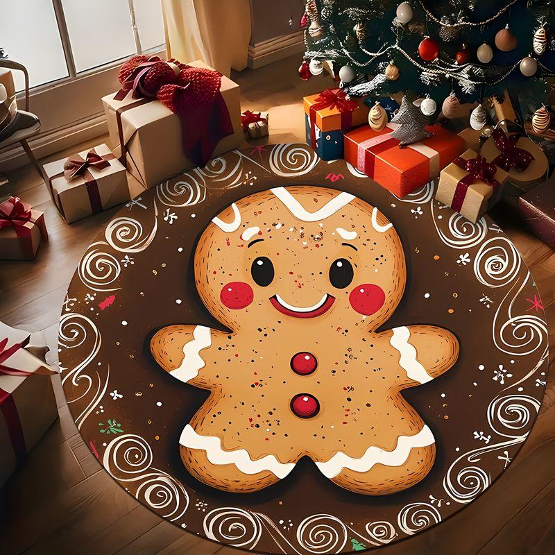 Christmas Gingerbread Man Round Rug, Soft Non-Slip Living Room Rug, Festive Party Decorative Rug, Home Decor