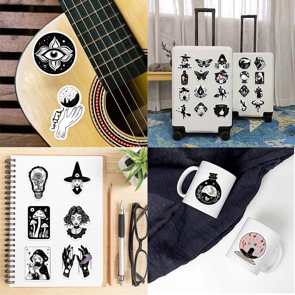 50 Cartoon Black and White Witch Doodle Stickers Decorate Guitar Notebook Suitcase DIY Waterproof