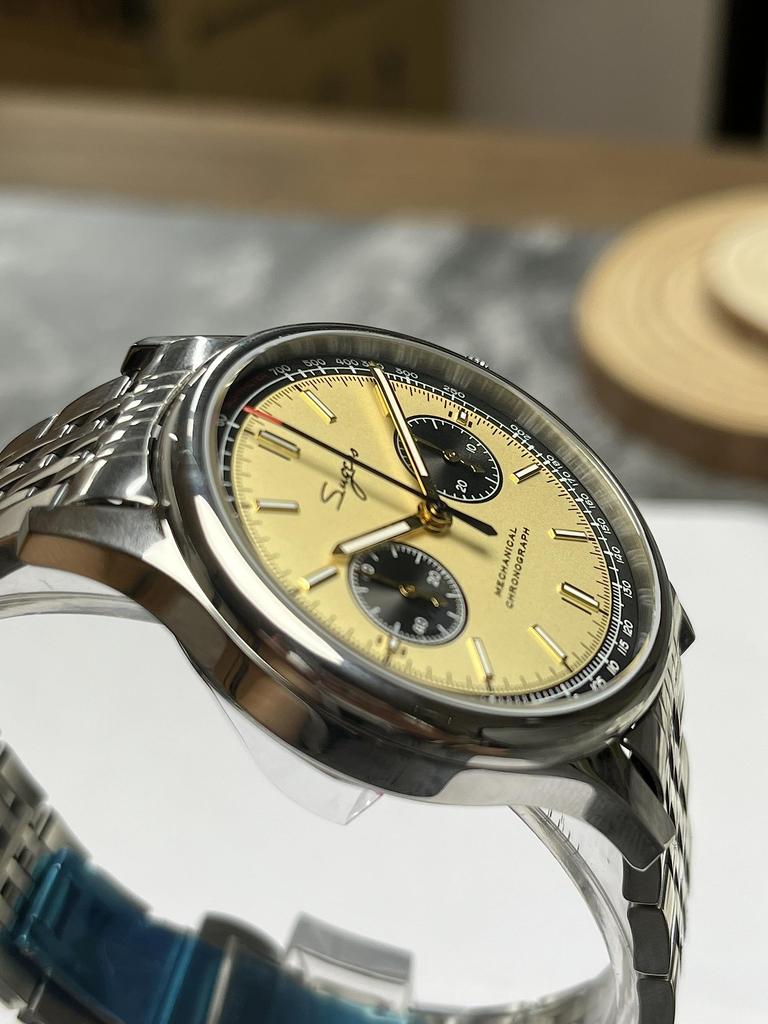 SUGESS Men's Chronograph Mechanical Watch 40mm, Panda Dial, Pilot Style, Stainless Steel Bracelet, See-Through Back, Swan Neck Regulator, Gold
