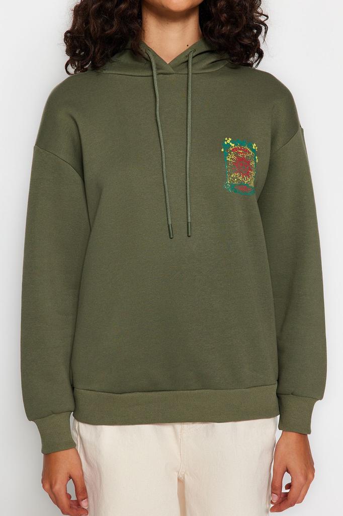 Женская модная стильная толстовка цвета хаки, толстая внутренняя часть из флиса с принтом спереди и сзади, свободный размер, широкая вязаная толстовка