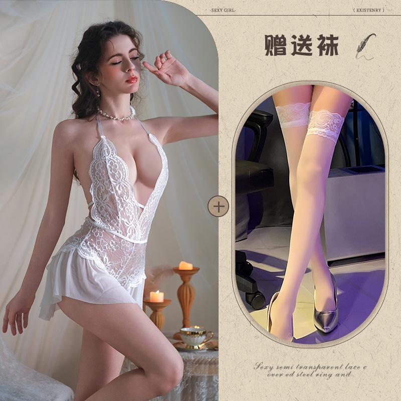 Purple lace sexy lingerie uniform female seduction flirting onesie suspender deep V piece