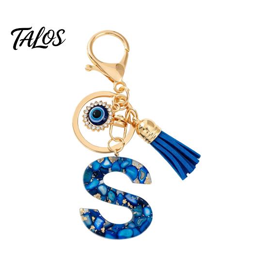 Брелок-подвеска серии Talos Blue, Брелок с подвеской в виде начальной буквы с дизайном в виде глаз и кисточки, Держатель от A до Z для сумок, рюкзаков, автомобилей, аксессуары