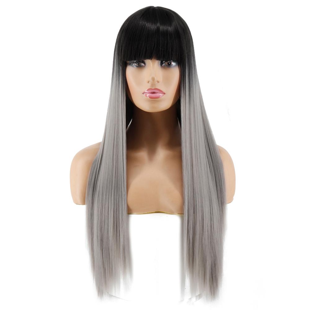 MISS WIG Длинный прямой парик Косплей Черный Серый Парик для женщин с челкой Парик из синтетического высокотемпературного волокна
