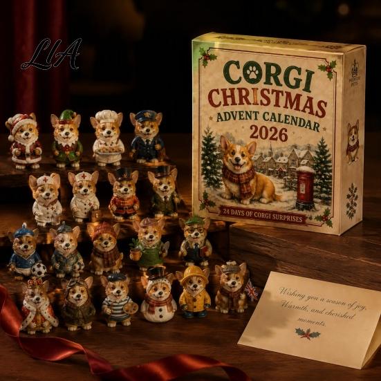 Holiday Countdown Calendar 24 Days Christmas Advent 2026 with Mini Corgi Figurines, Festive Desk Decoration for Kids Dog Lovers, Cute Ornaments