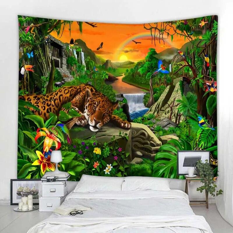 Настенный гобелен с тропическими джунглями и животными, украшение для дома, гобелен, пляжное полотенце, коврик для йоги, гобелен
