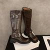 Модные винтажные женские рыцарские длинные сапоги, модные элегантные туфли с пряжкой-ремнем, квадратный каблук, женские ковбойские ботильоны в западном стиле