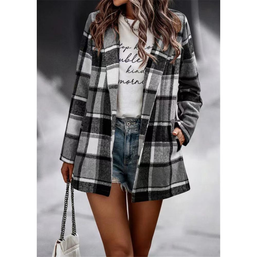 HNXC Women's Vintage Casual Plaid Print Autumn Winter Long Sleeve POLO Neck Jackets & Coats