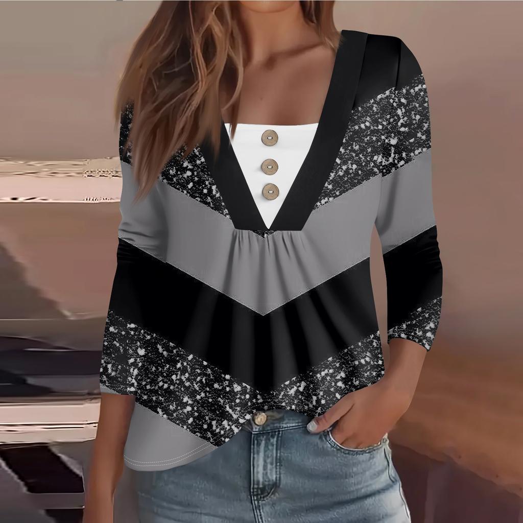 Women's Fashion Casual Long Sleeve Shirt Floral Printed Button V Neck Up Tops