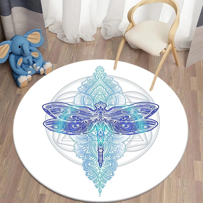 Bohemian Dragonfly Round Carpet Soft Floor Mat For Living Room Sofa Chair Children's Room Non-slip Area Rug Home Decor Doormat