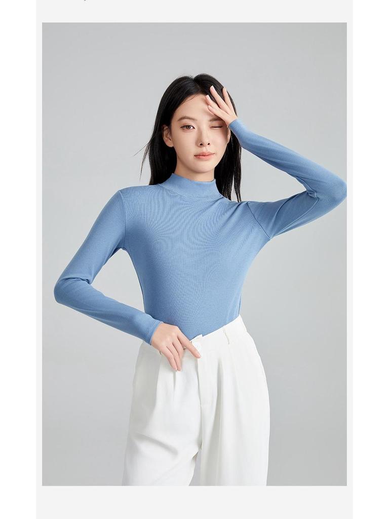 Women's Slim-Fit Mid-Neck Woolen Long-Sleeve Top - Warm German Fleece for Autumn and Winter