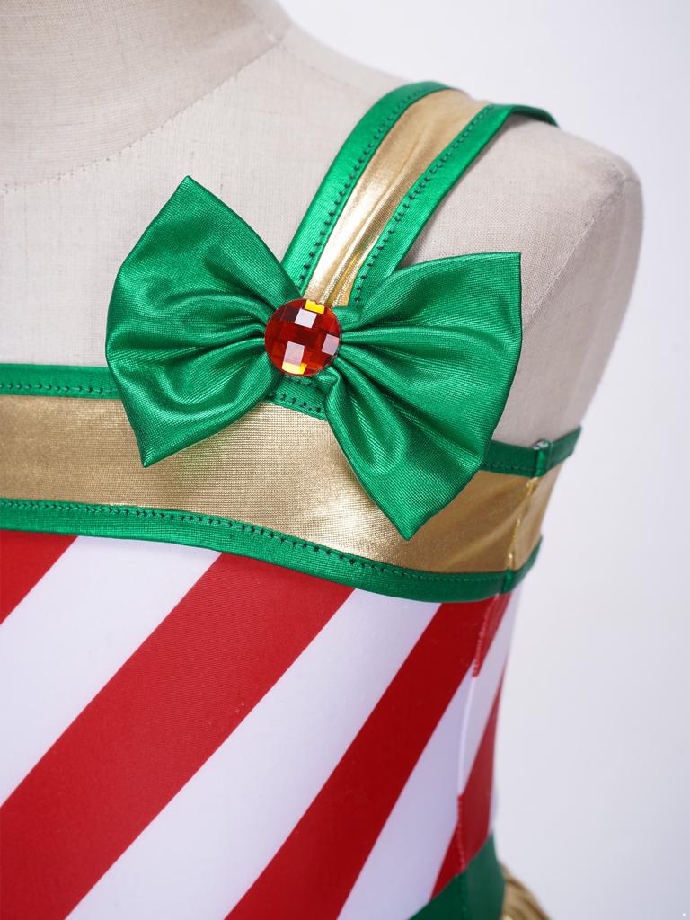 Girls Christmas Jumpsuit Striped Design Rhinestone Bow Adorned Ruffle Skirt Shorts Bodysuit Cosplay Costume
