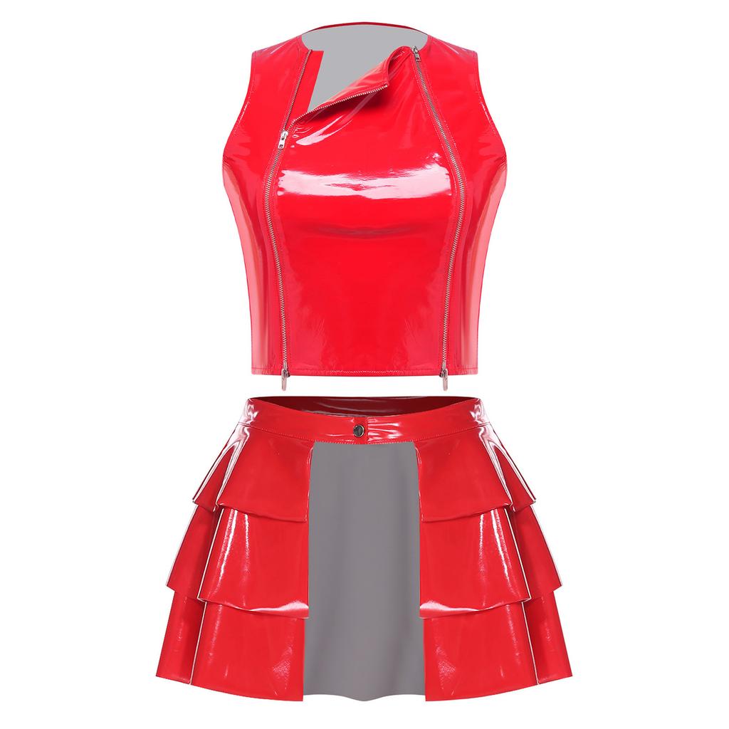 Women PU Crop Top and Skirt Set Front Dual Zippers Sleeveless Vest Top Open Front Tiered Ruffled Hem Miniskirt