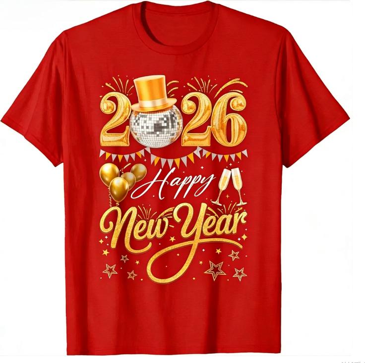 New Black 2026 New Year T-Shirt Gold Disco Ball Hat Champagne Glasses Letter Print Women's Short-Sleeved Loose-Fit Crew Neck Top