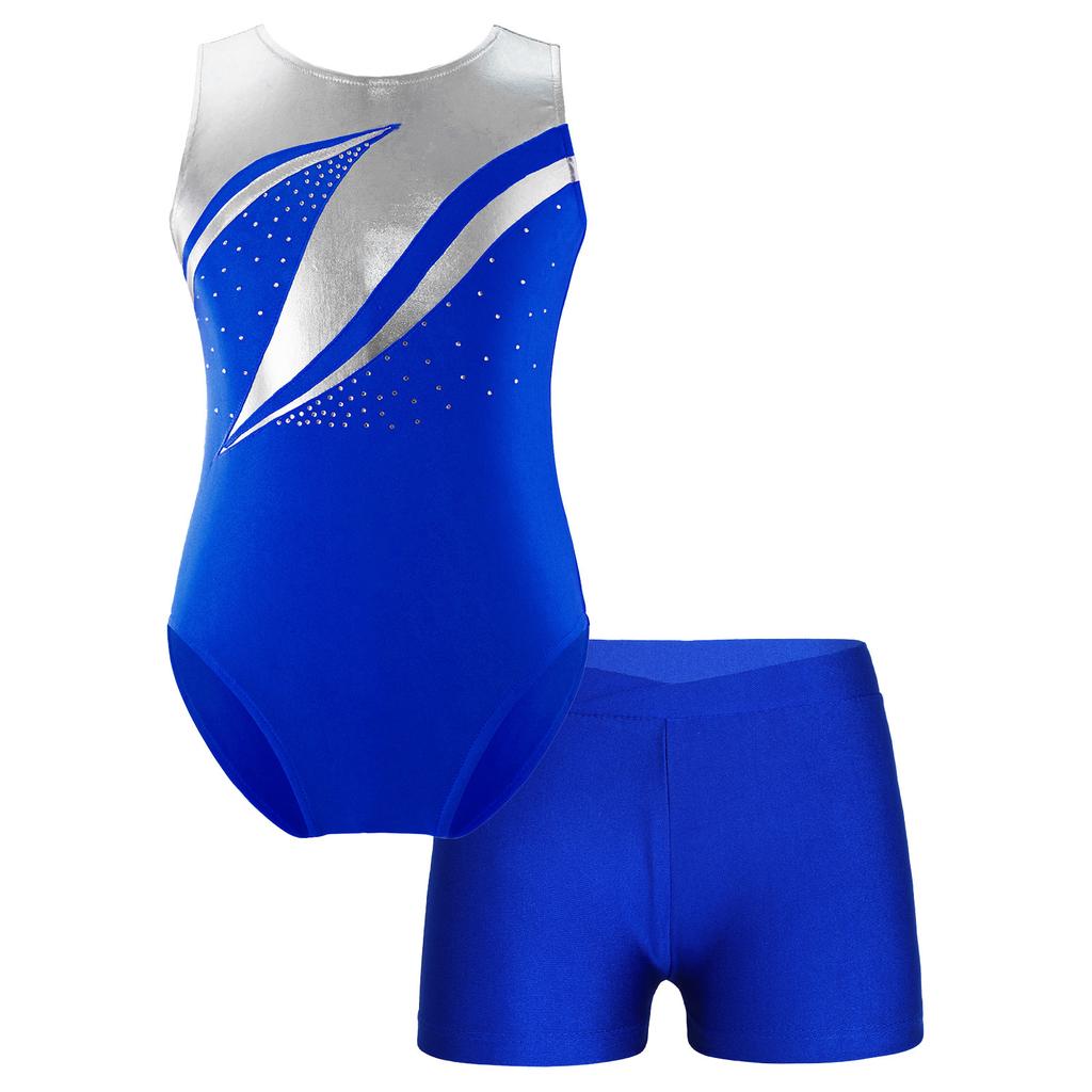 Girls Patchwork Leotard Sleeveless Round Neck Rhinestone Decorated with V Front Waistband Shorts Skating Dance Outfit