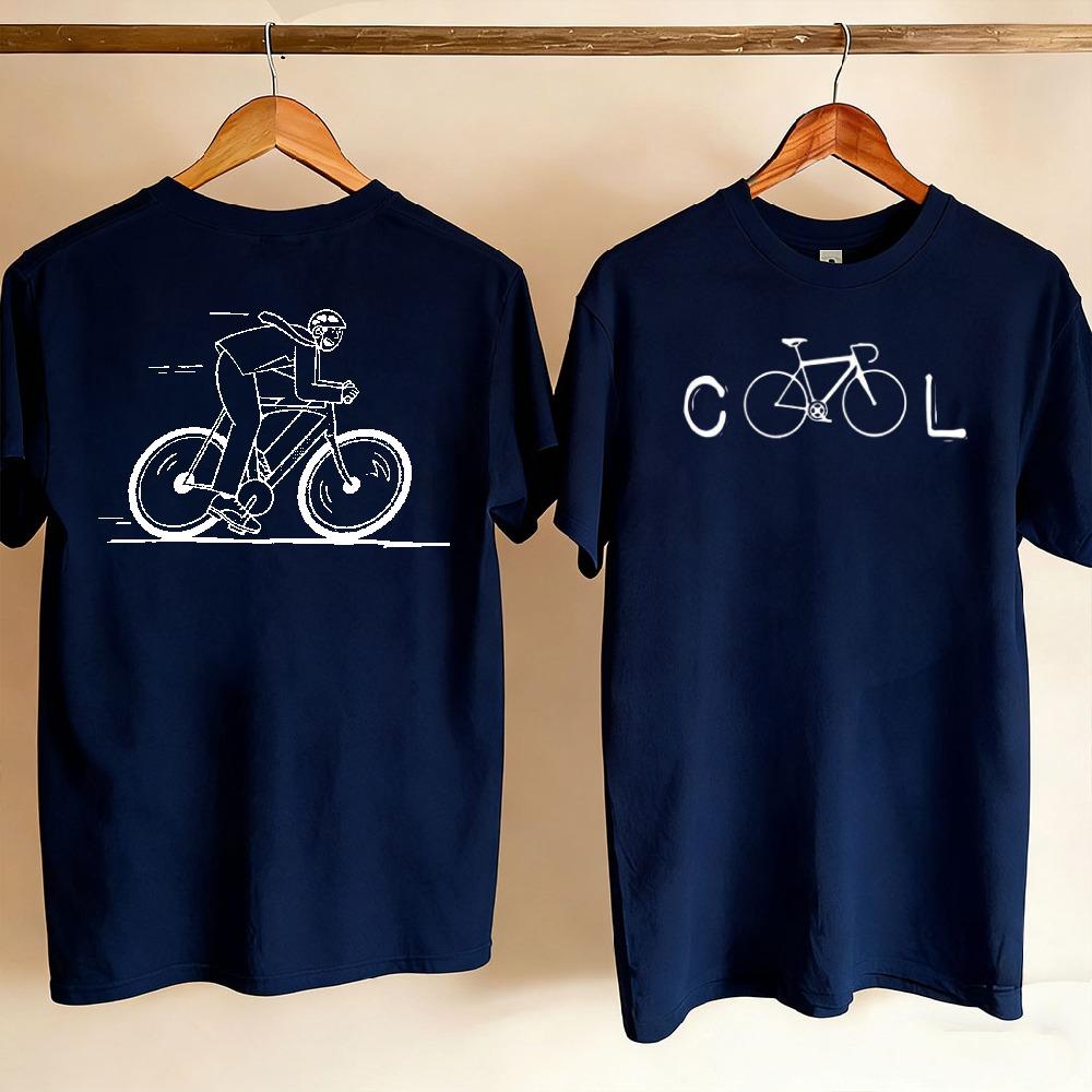 Unisex Front Back Printed Tshirt Cool Letter Bike Front Retro Cyclist Sketch Back Pattern Fit Outdoor Cycling Sport Casual Tees