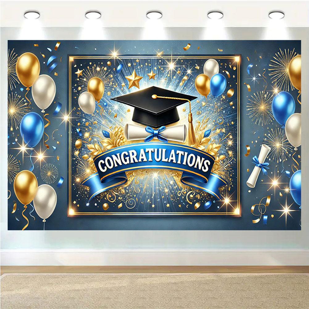 Wear Resist Congrats Grad Photo Backdrop 8x6ft 100D Polyester Colorful Bachelor Hat Banner for Indoor Outdoor Party Props