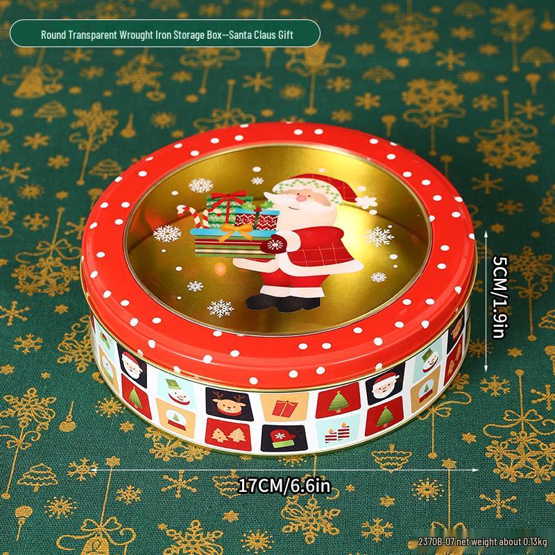 Круглая прозрачная жестяная коробка для рождественских подарков: печенья, конфет и шоколада.