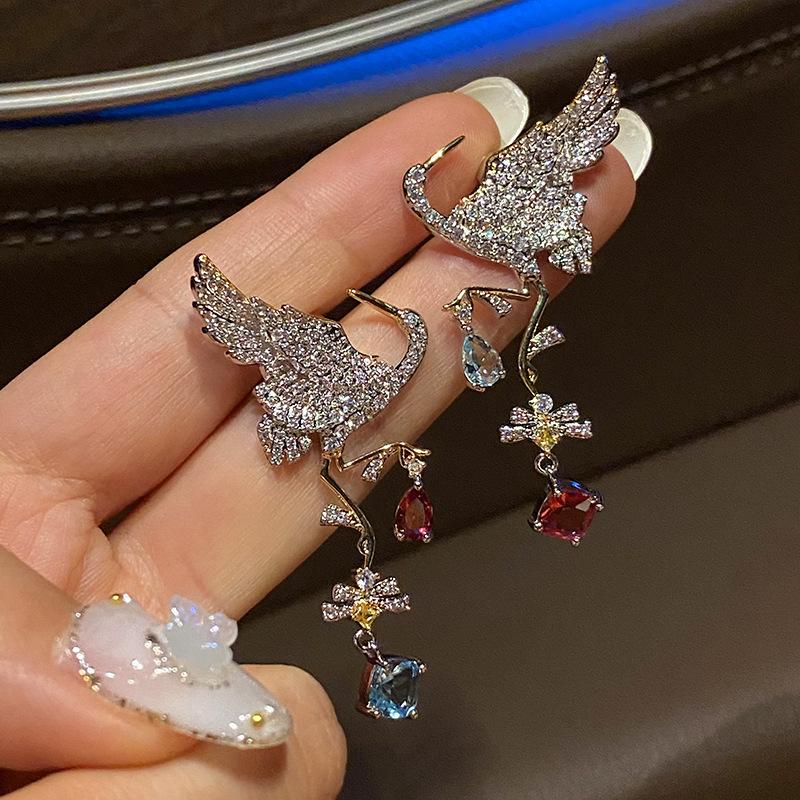 2022 креативные ювелирные изделия, цветные серьги-капли с кристаллами циркона и птицей, женские преувеличенные серьги-подвески, винтажные модные ювелирные изделия для банкетов