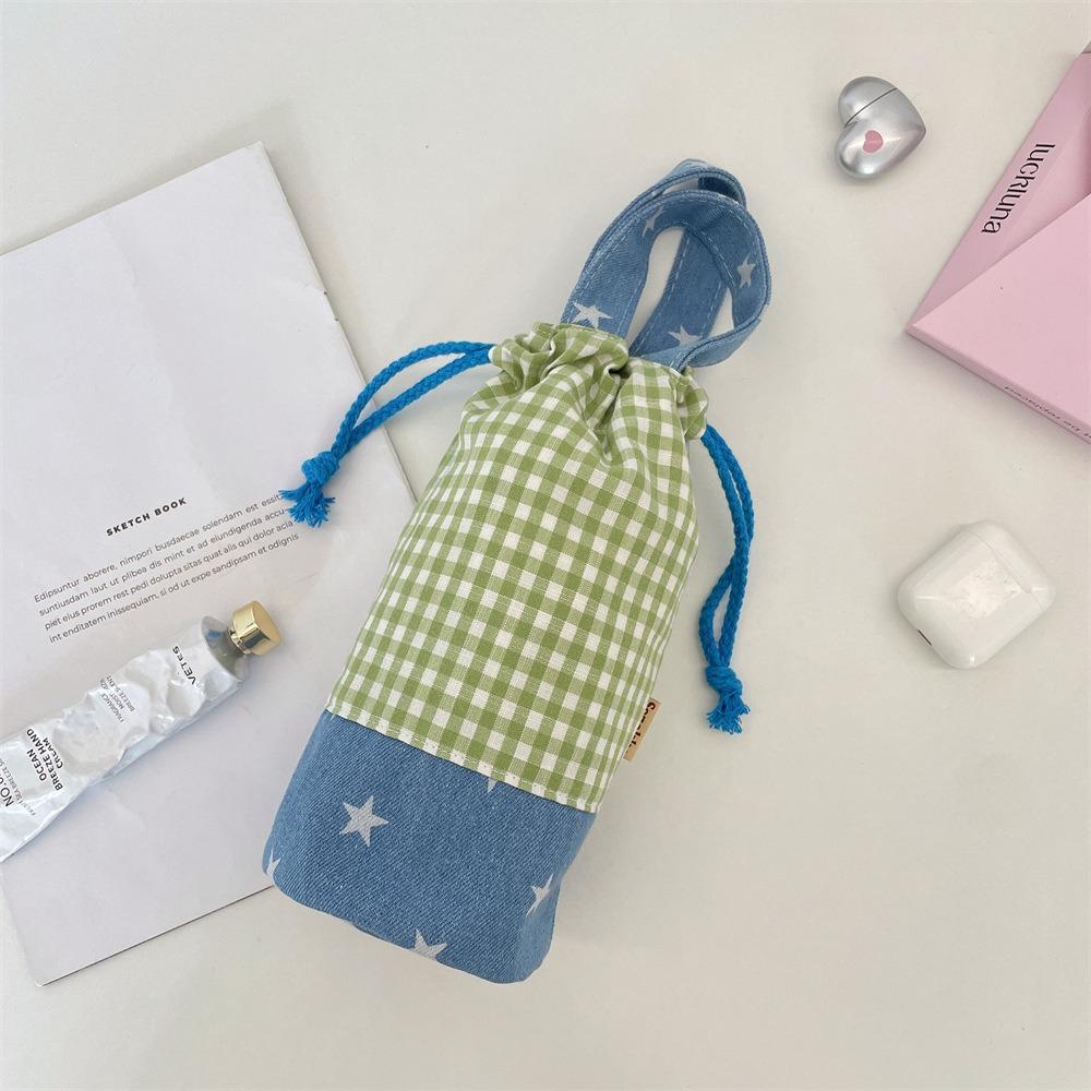 Outdoor Drawstring Canvas Cup Bag Grid Small Storage Bag Fashionable Water Bottle Cover  Outdoor