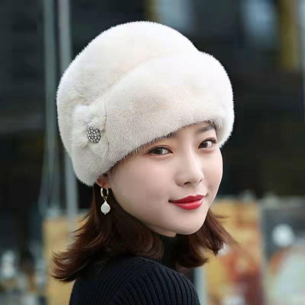 Faux Rabbit Fur Bucket Hats Flower Decor Middle-aged Cap Fashion Thermal Hat  Autumn Winter