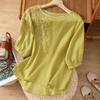 Large Retro Artistic Cotton Linen Embroidered T-shirt for Women In Summer Loose Slimming Short Sleeved Round Neck Top