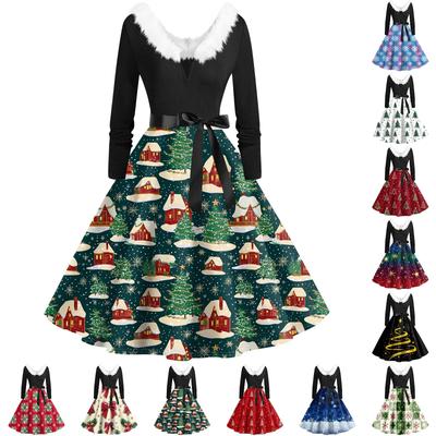 Женское повседневное и модное платье с длинными рукавами и V-образным вырезом с рождественским принтом на молнии