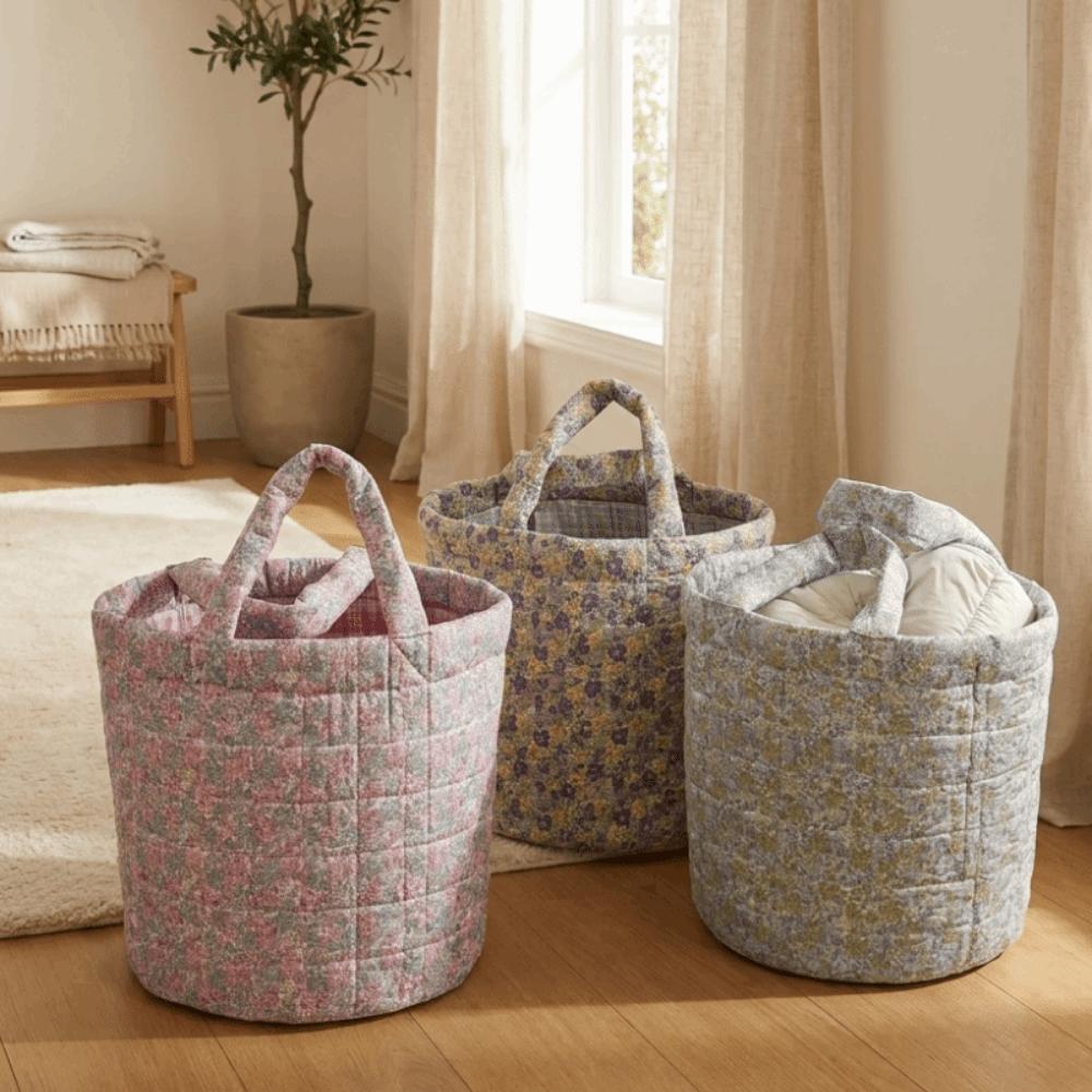 Collapsible Quilted Storage Basket Large Capacity Flower Pattern Storage Basket Bedroom