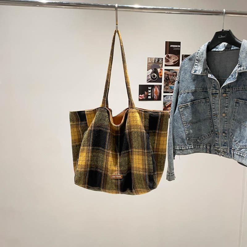 British Style Autumn and Winter Woolen Plaid Double-sided Bag Fresh College Style Shoulder Bag Large Capacity Lazy Style Tote Bag Women