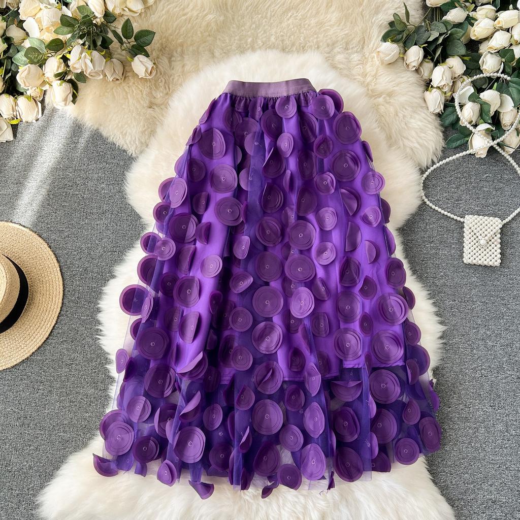 Летняя женская юбка миди с вышивкой в горошек, трехмерная, с большим клешем, из тюля