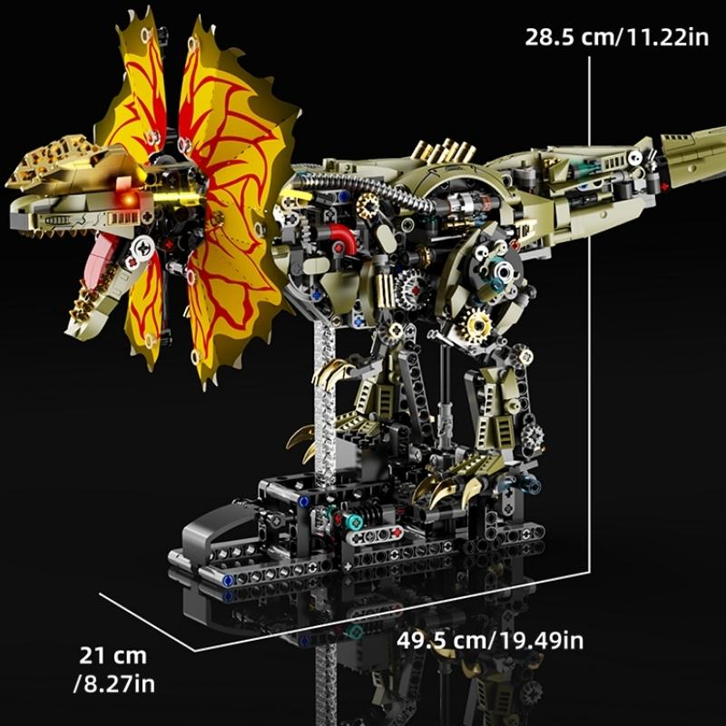 1277Pcs Mechanical Dinosaur Blocks Dual Crested Dilophosaurus Light Up Moving Model Jurassic Decor Creative Gift Set