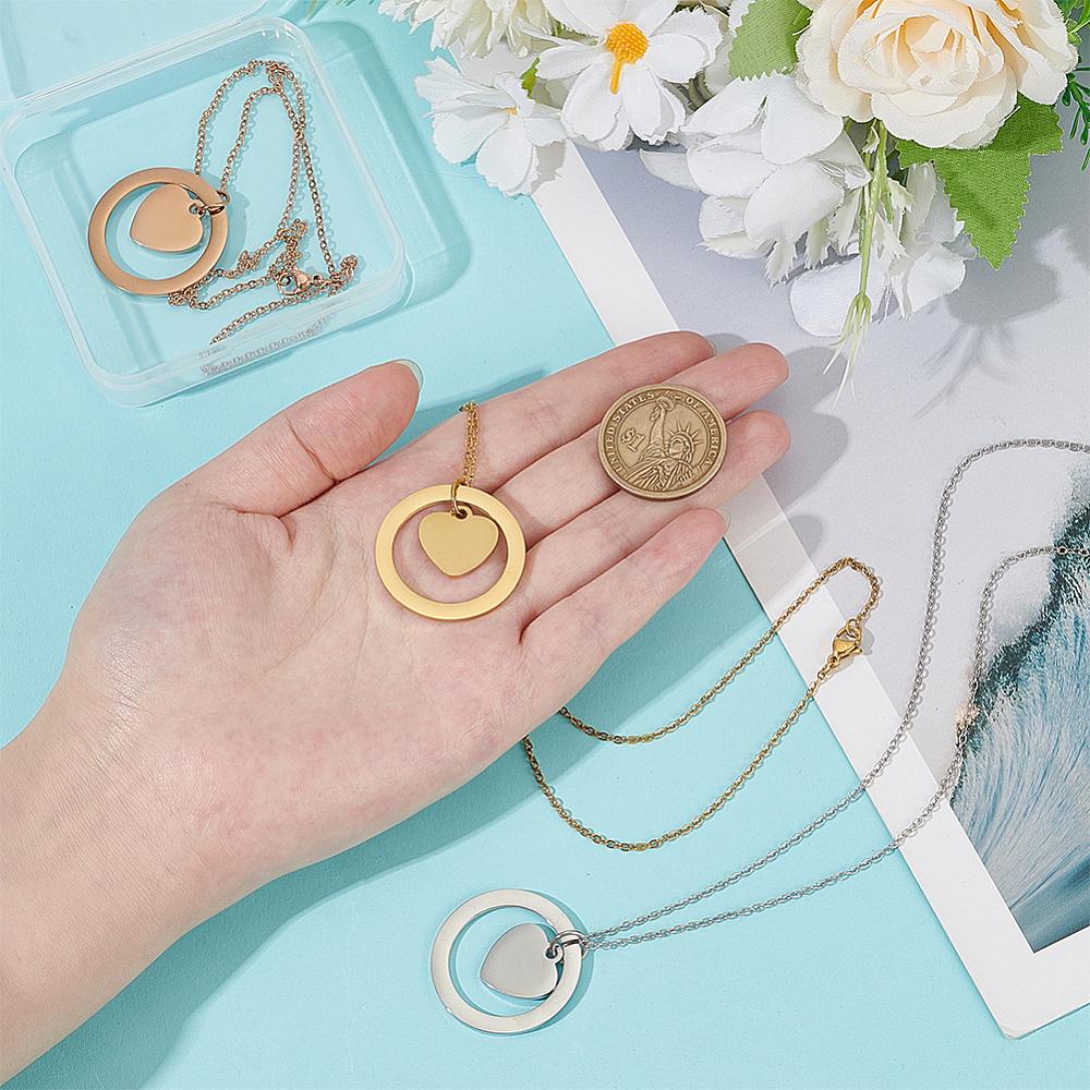 3Pcs 3 Colors 304 Stainless Steel Pendant Necklaces Flat Round with Heart Mixed Color 17.72 inch(45cm) 1pc/color