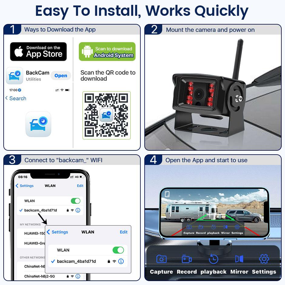 AHD 1080P WiFi APP Wireless BSD Reverse Backup Camera Car DVR Recorder For Truck,RV,Camper,Trailer Work with iphone or Andriod