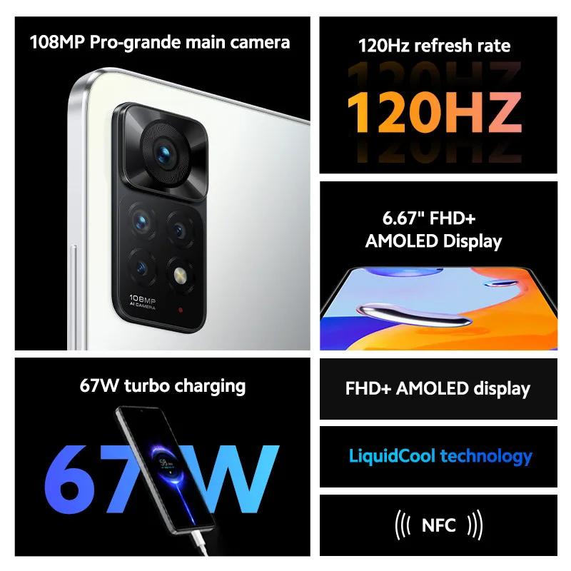 Восстановленный смартфон Xiaomi Redmi Note 11 Pro с глобальной прошивкой, 8 ГБ оперативной памяти, 256 ГБ встроенной памяти, процессором MTK Helio G96 Octa Core, камерой 108 Мп, дисплеем 120 Гц, NFC и поддержкой 5G.