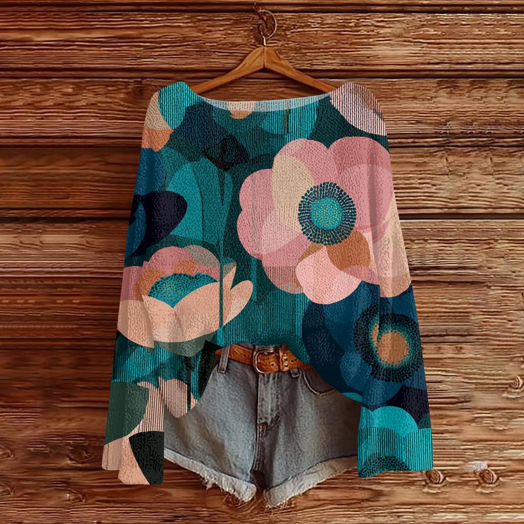 Женский легкий свитер повседневный с длинным рукавом вязаный винтажный с цветочным принтом пуловер