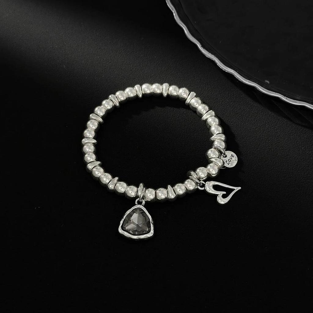 Salircon Trendy Elegant Shining Black Acrylic Hollowout Heart Pendant Bracelet Women New Silver Color Bead Chain Bangles Jewelry