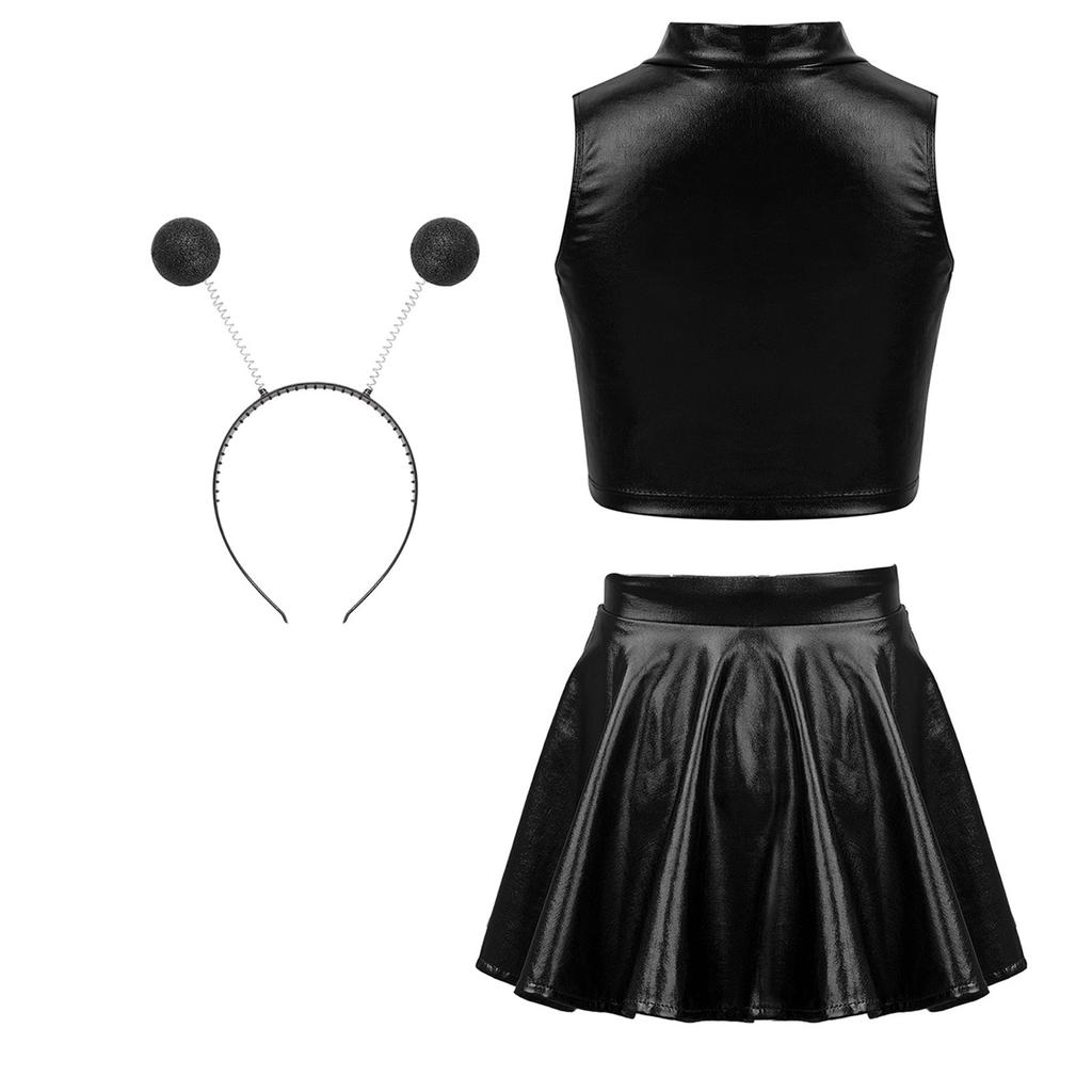 Костюм на тему инопланетянок, комплект: майка-топ, расклешенная плиссированная А-силуэта мини-юбка, аксессуар - обруч для волос, наряд на Хэллоуин